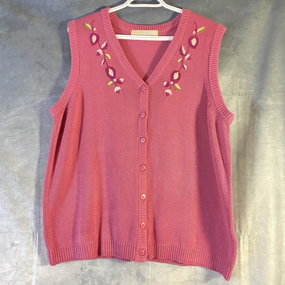 Vintage Floral Embroidered Pink Knit Sweater Vest Women Size XL Button Down